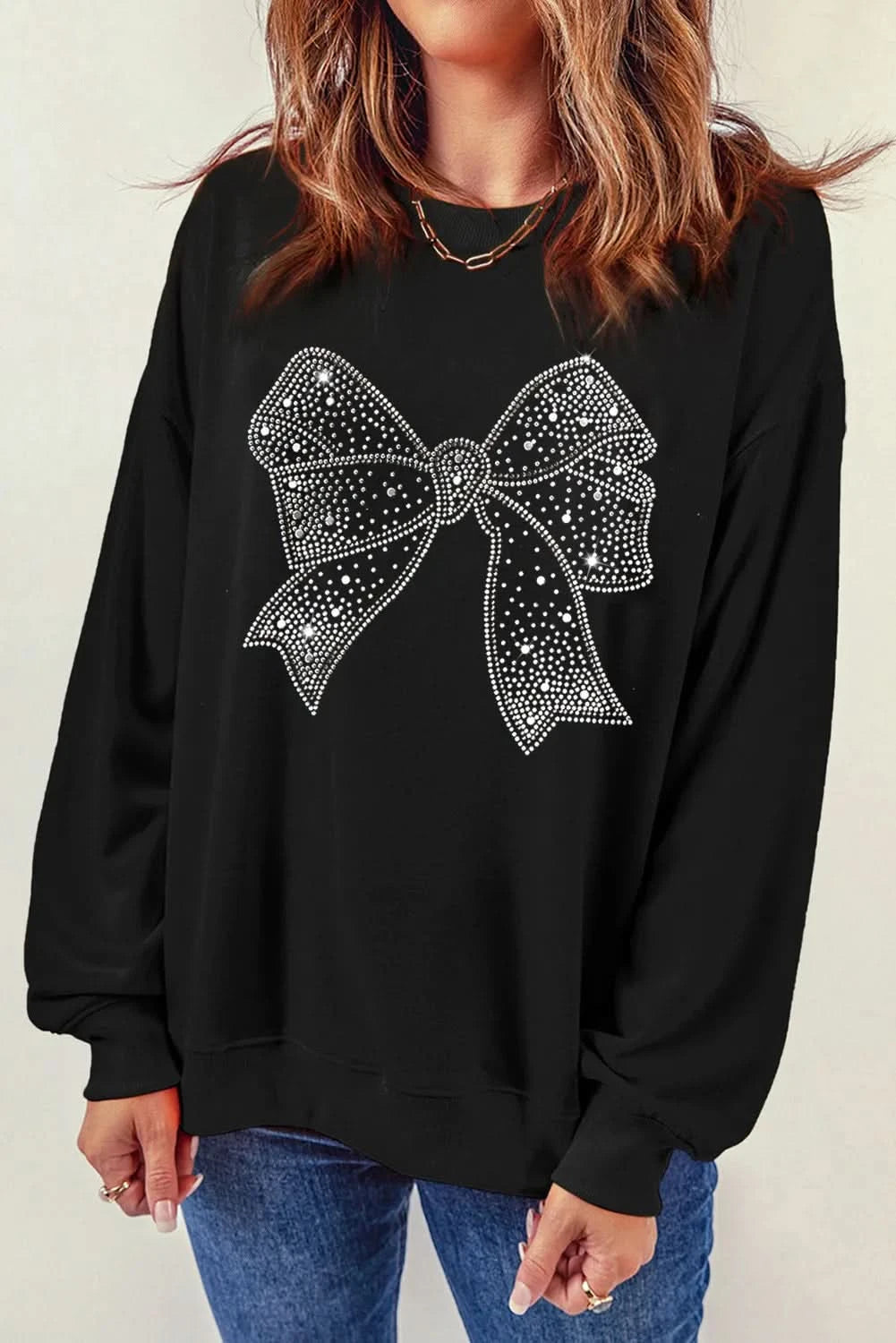 Rhinestone-embellished bow long sleeve sweatshirt with round neck