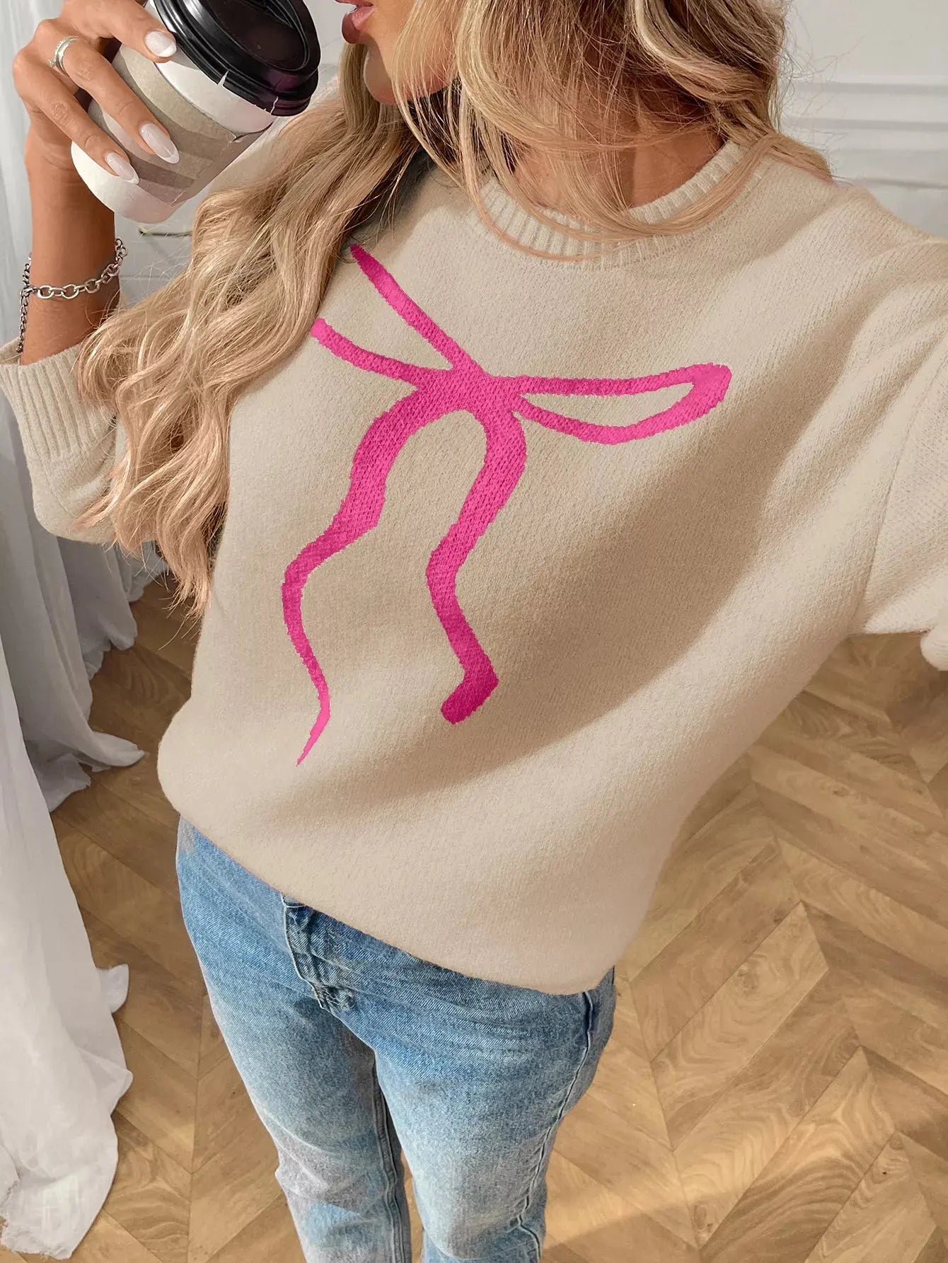 Bow Round Neck Long Sleeve Sweater Simply Love