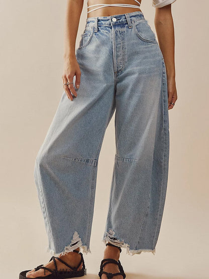 Raw Hem Wide Leg Jeans with Pockets.