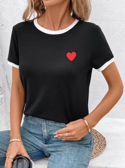 Heart Round Neck Short Sleeve T-Shirt.