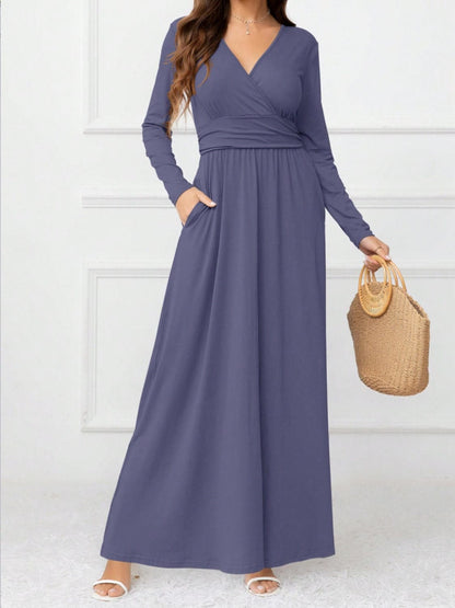 Pocketed Surplice Long Sleeve Maxi Dress.