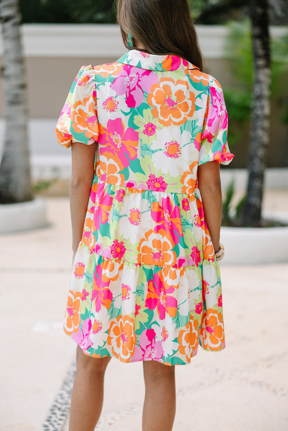 Charming pink floral puff sleeve babydoll dress with collar and buttons