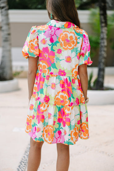 Pink floral babydoll dress - puff sleeves, collar, buttons