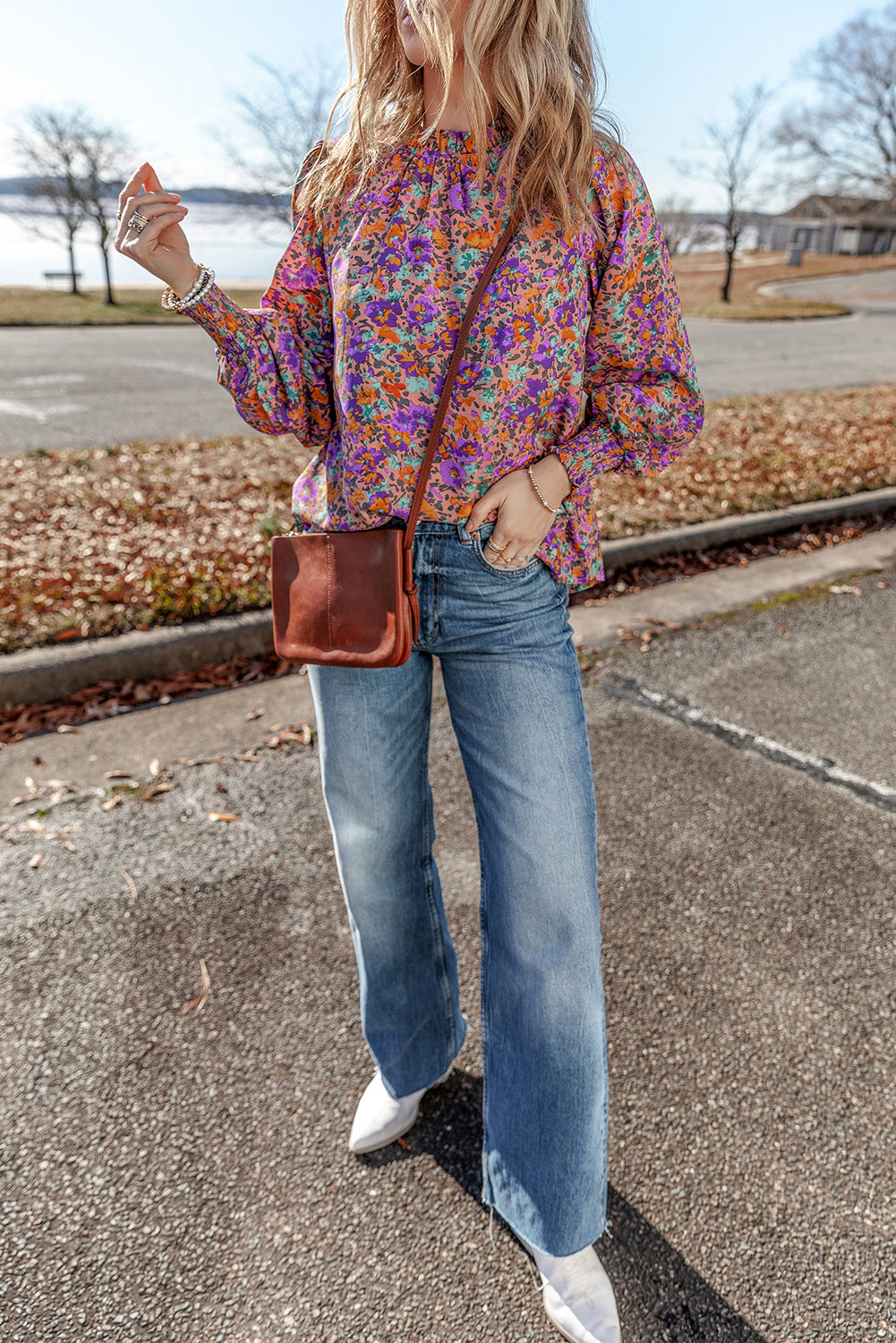 Charming purple floral frilled blouse with shirred cuffs