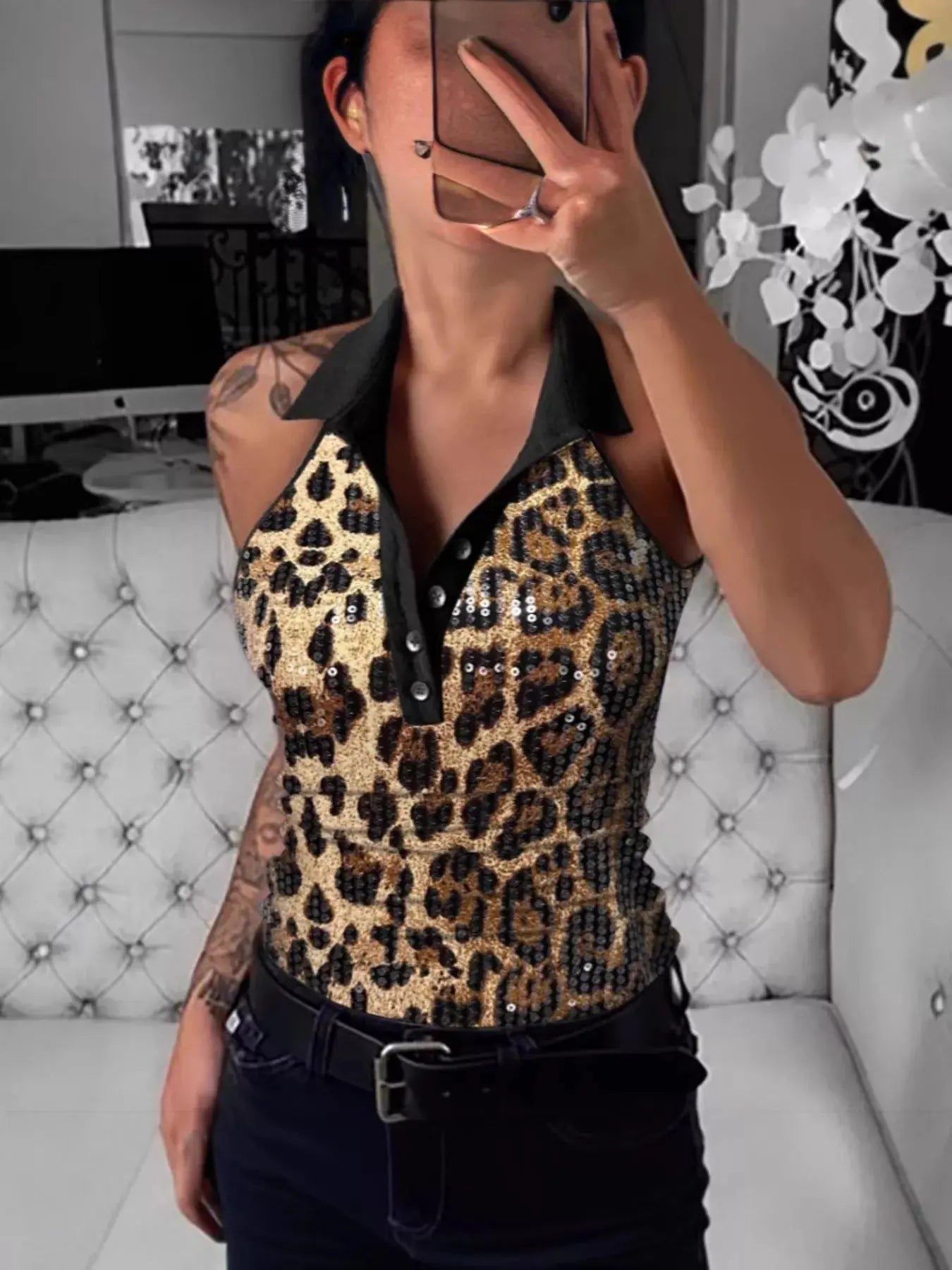 Sparkling Sequin Embellished Sleeveless Top Simply Love