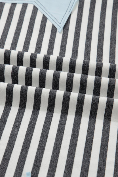 Gray Stripe Star Contrast Stitched Plus Size Long Sleeve Top