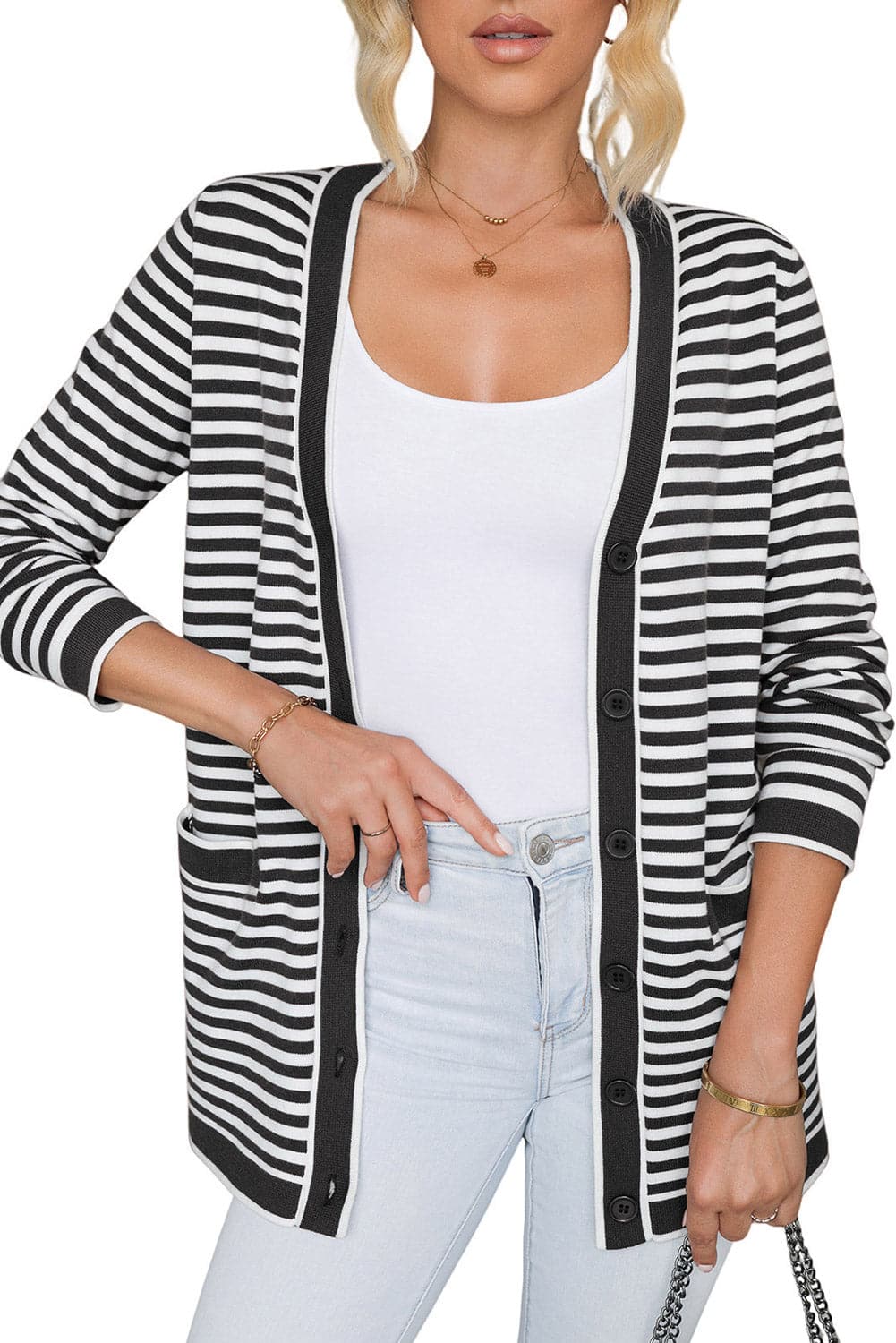 Striped Open Front Long Sleeve Cardigan.