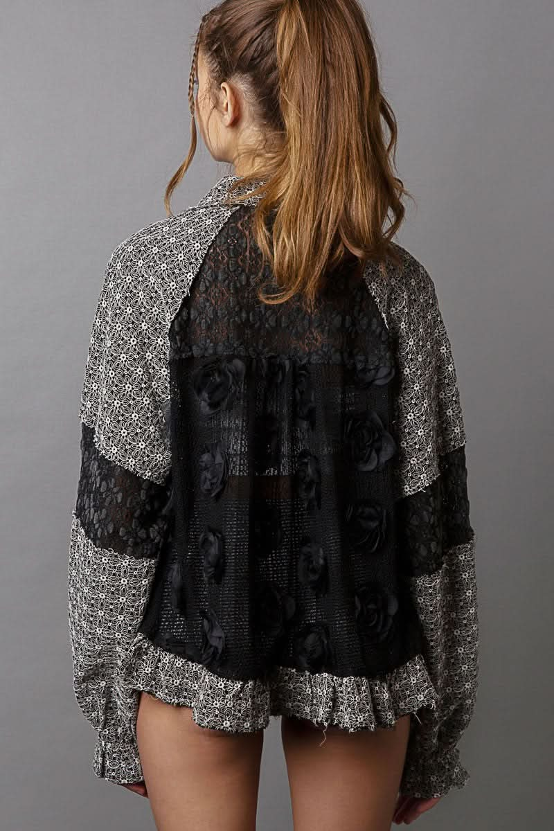 Elegant Lace Patchwork Shirt with Eyelet Flower and Pearl Accents