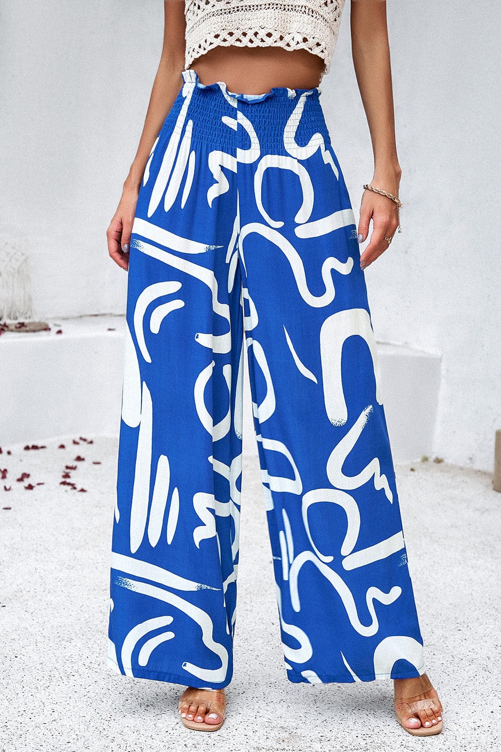 Smocked Printed Wide Leg Pants with Pockets.