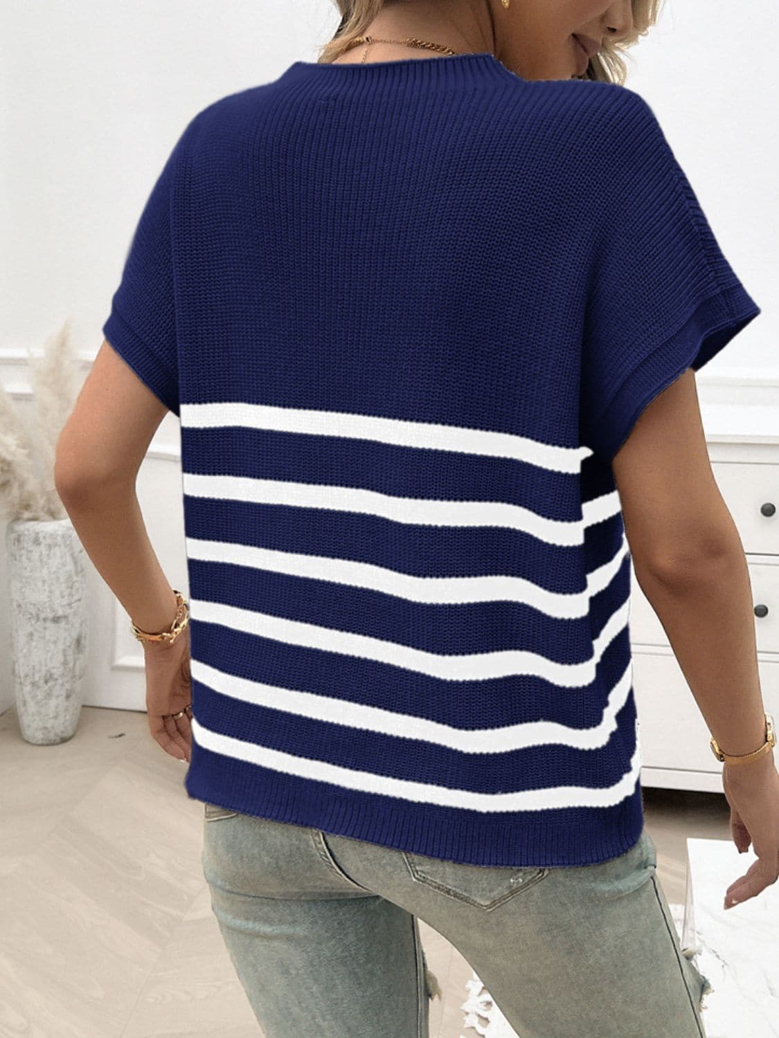 Striped Round Neck Short Sleeve Sweater.