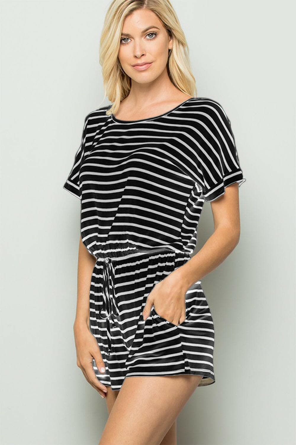 Heimish Full Size Striped Round Neck Short Sleeve Romper.