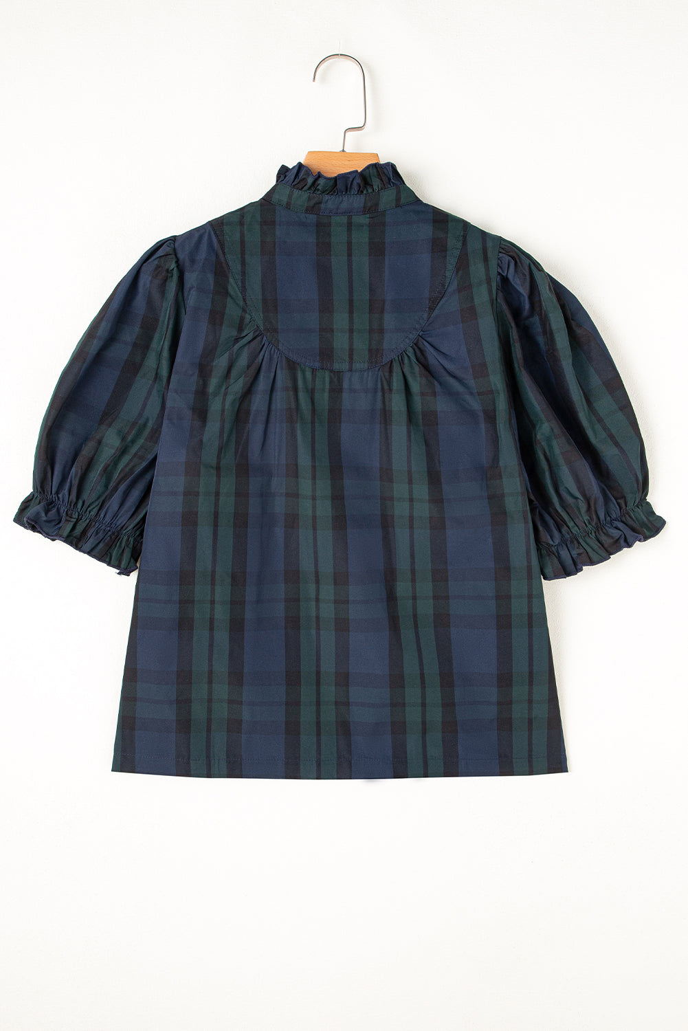 Chic Green Striped Plaid Puff Sleeve Blouse with Frilled Trim