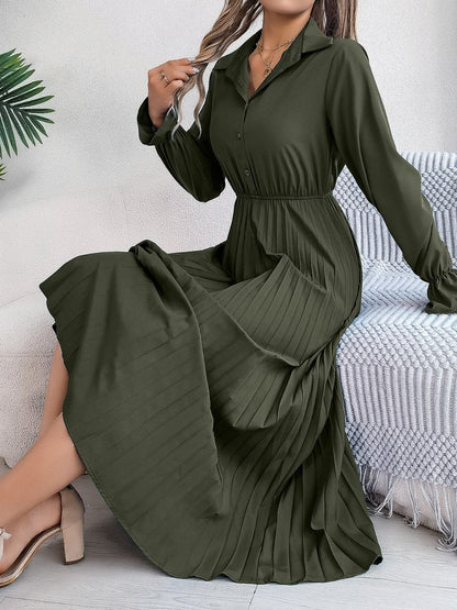 Pleated Half Button Long Sleeve Midi Dress.