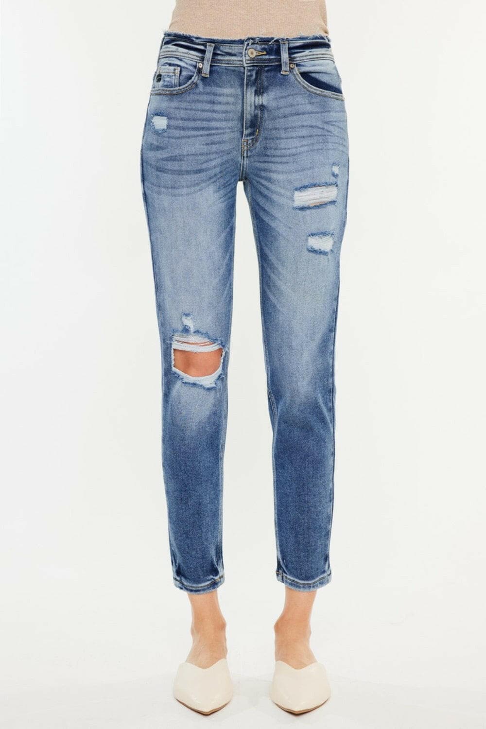 Kancan High Rise Distressed Mom Jeans.