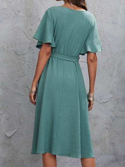 Surplice Flutter Sleeve Midi Dress.