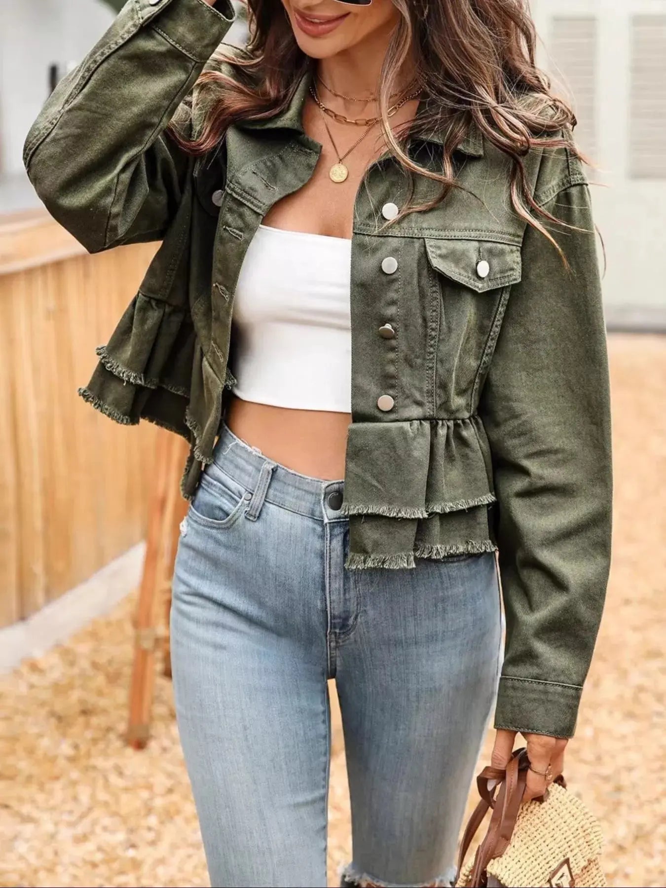 Ruffle Raw Hem Denim Jacket Simply Love