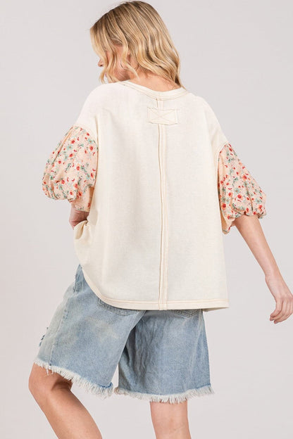 SAGE + FIG Round Neck Bubble Sleeve Oversize Top.