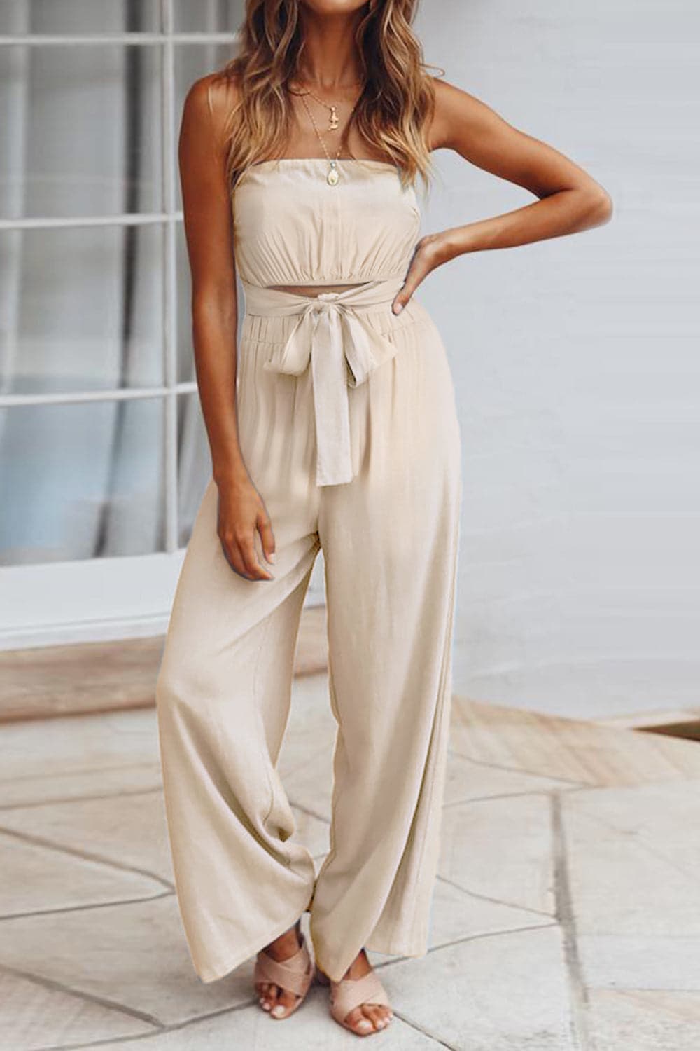 Tied Cutout Tube Wide Leg Jumpsuit.