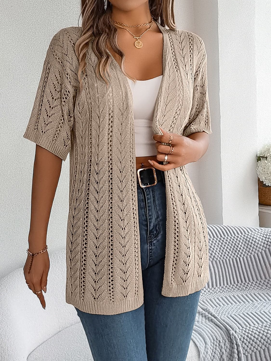 Openwork Open Front Half Sleeve Cardigan.