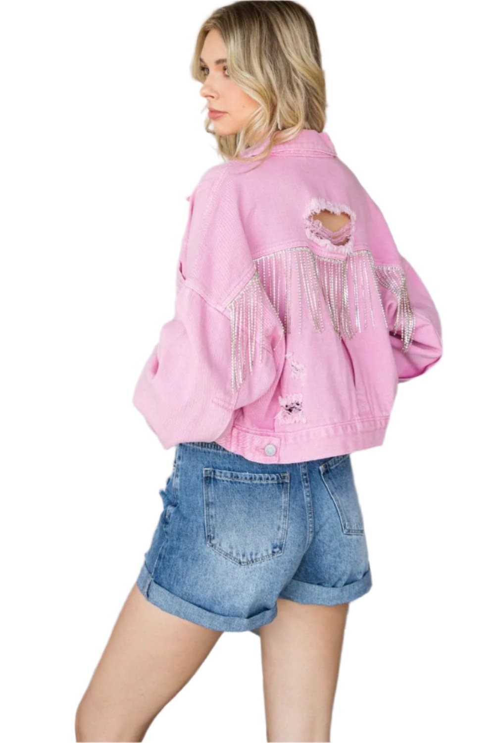 Veveret Fringe Distressed Button Up Denim Jacket.