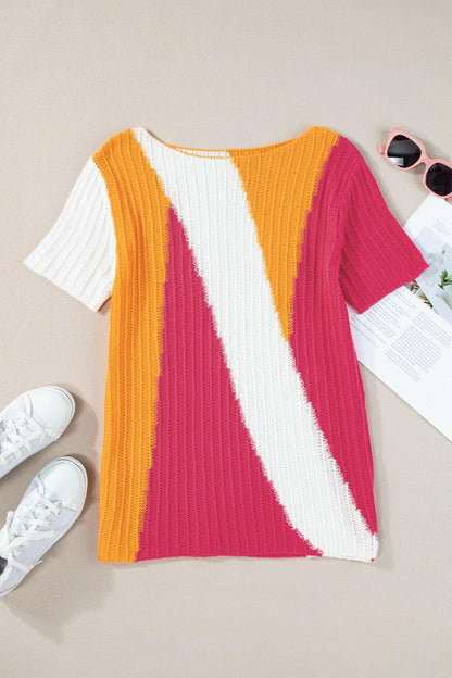 Color Block Round Neck Short Sleeve Knit Top.