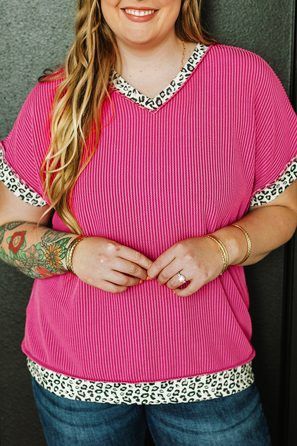 Rose red leopard accent v-neck corded plus size top