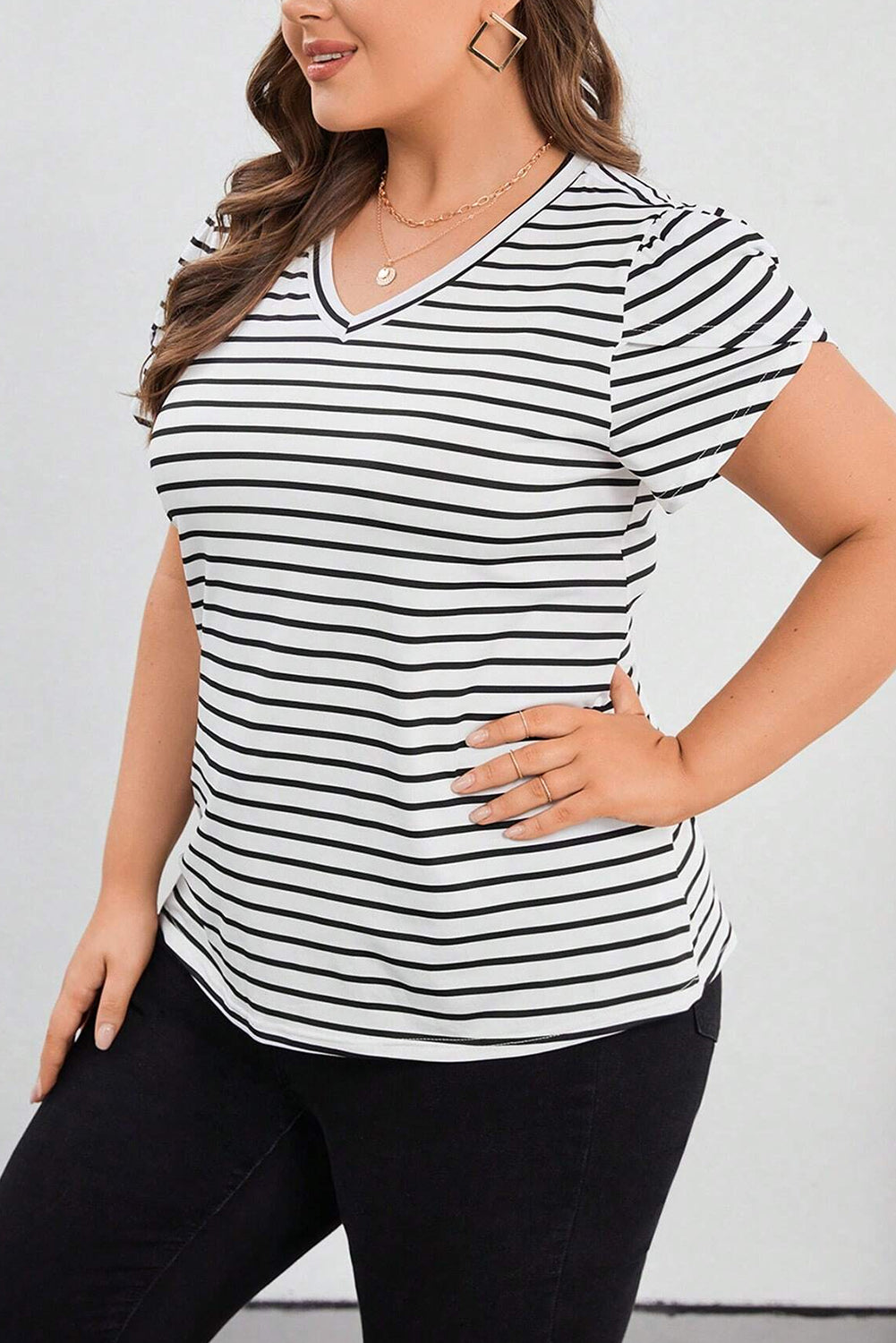 Chic white striped v neck plus size T-shirt with petal sleeves