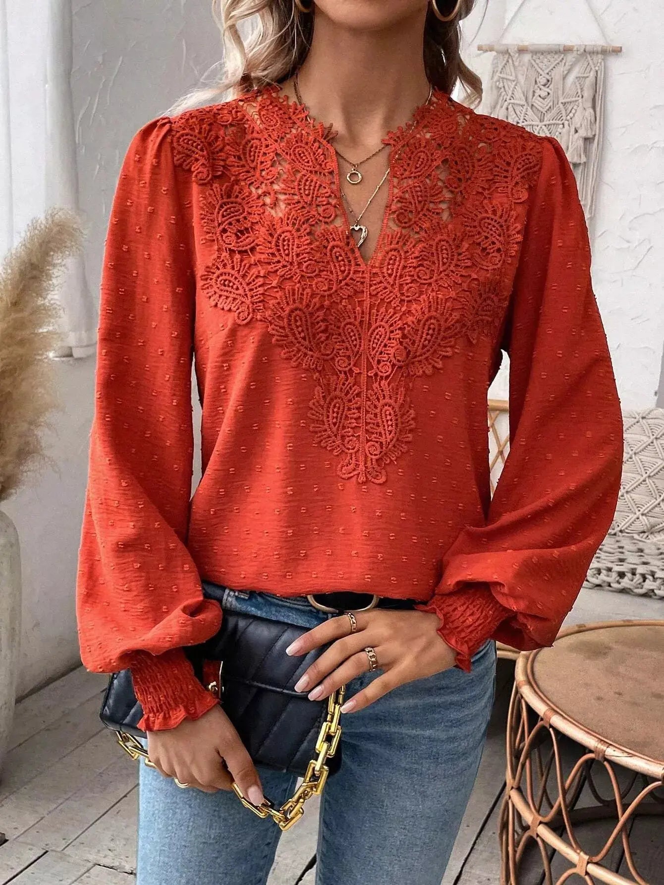 Lace Trim Long Sleeve Blouse Simply Love