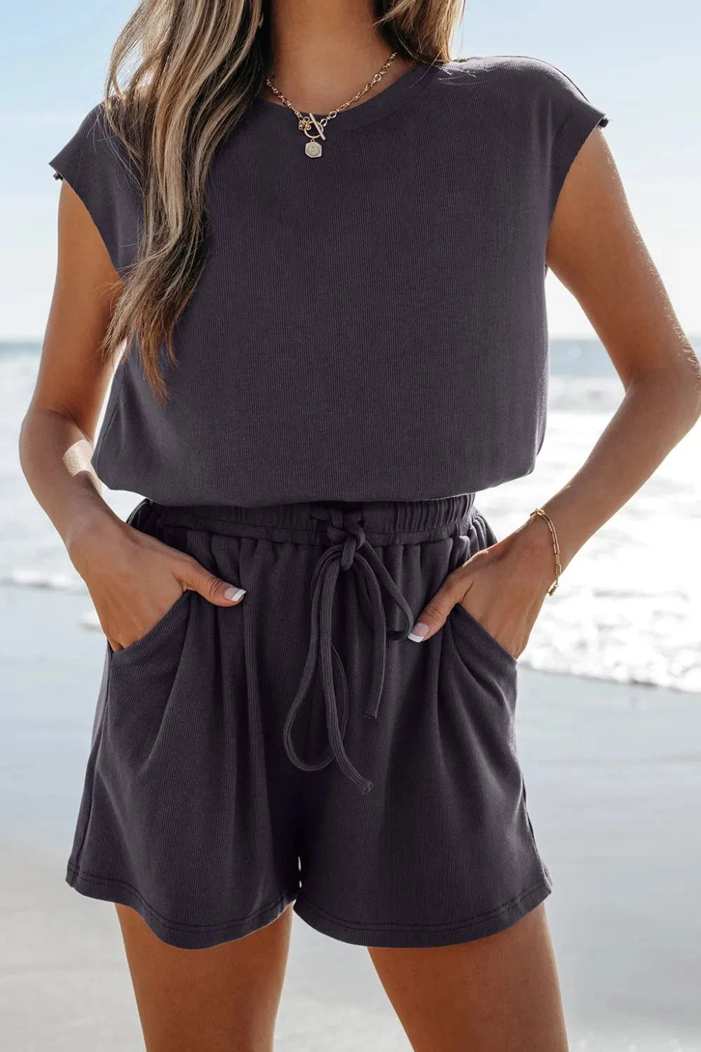 Knit Open Back Cap Sleeve Drawstring Romper Simply Love