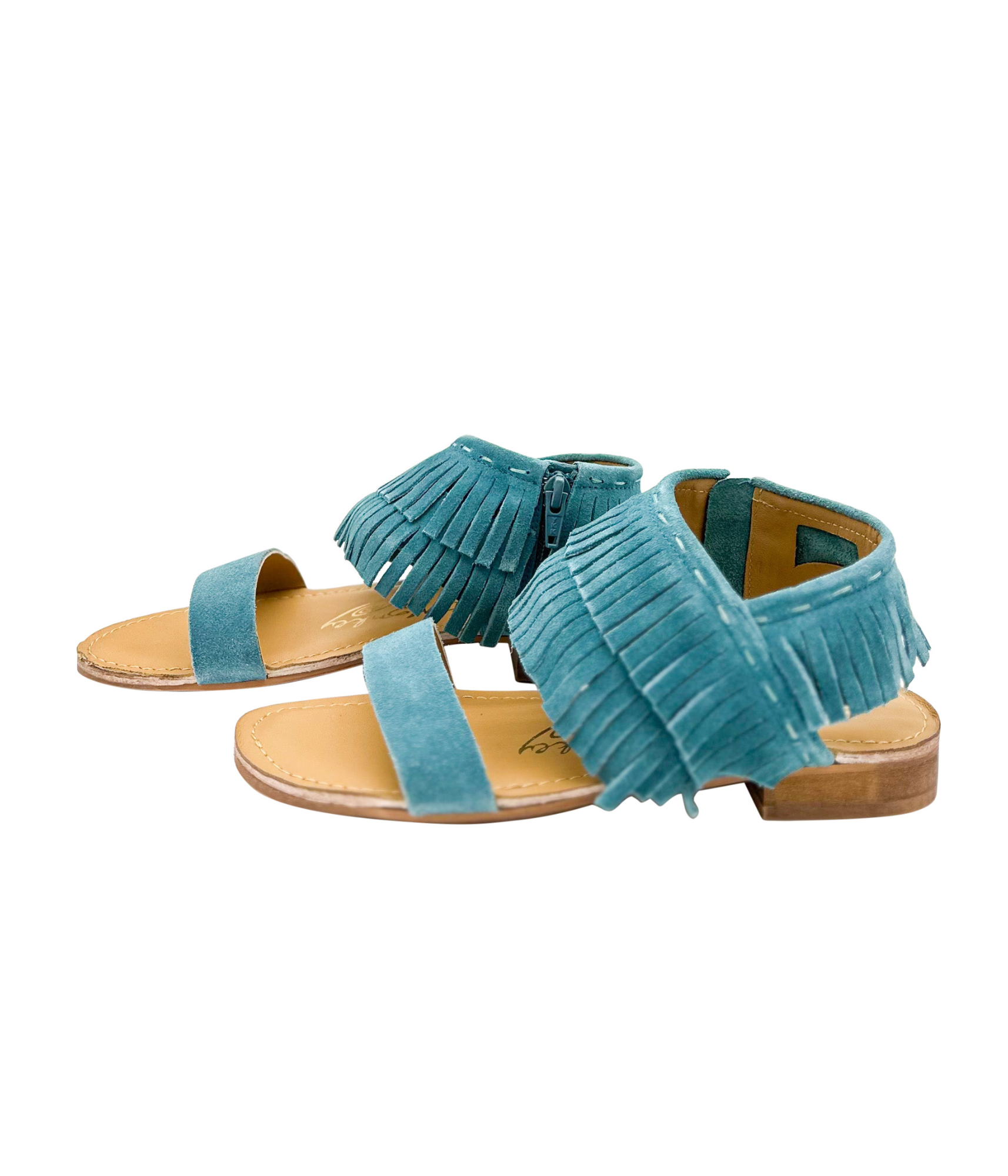 Fringe Star Sandal Teal Boho Chic Faux Suede Side Zip Naughty Monkey