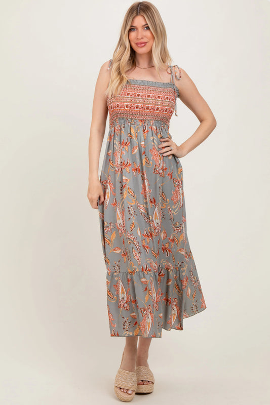 Olive Paisley Shoulder Tie Smocked Maxi Dress PinkBlush