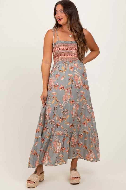 Olive Paisley Shoulder Tie Smocked Maternity Maxi Dress PinkBlush