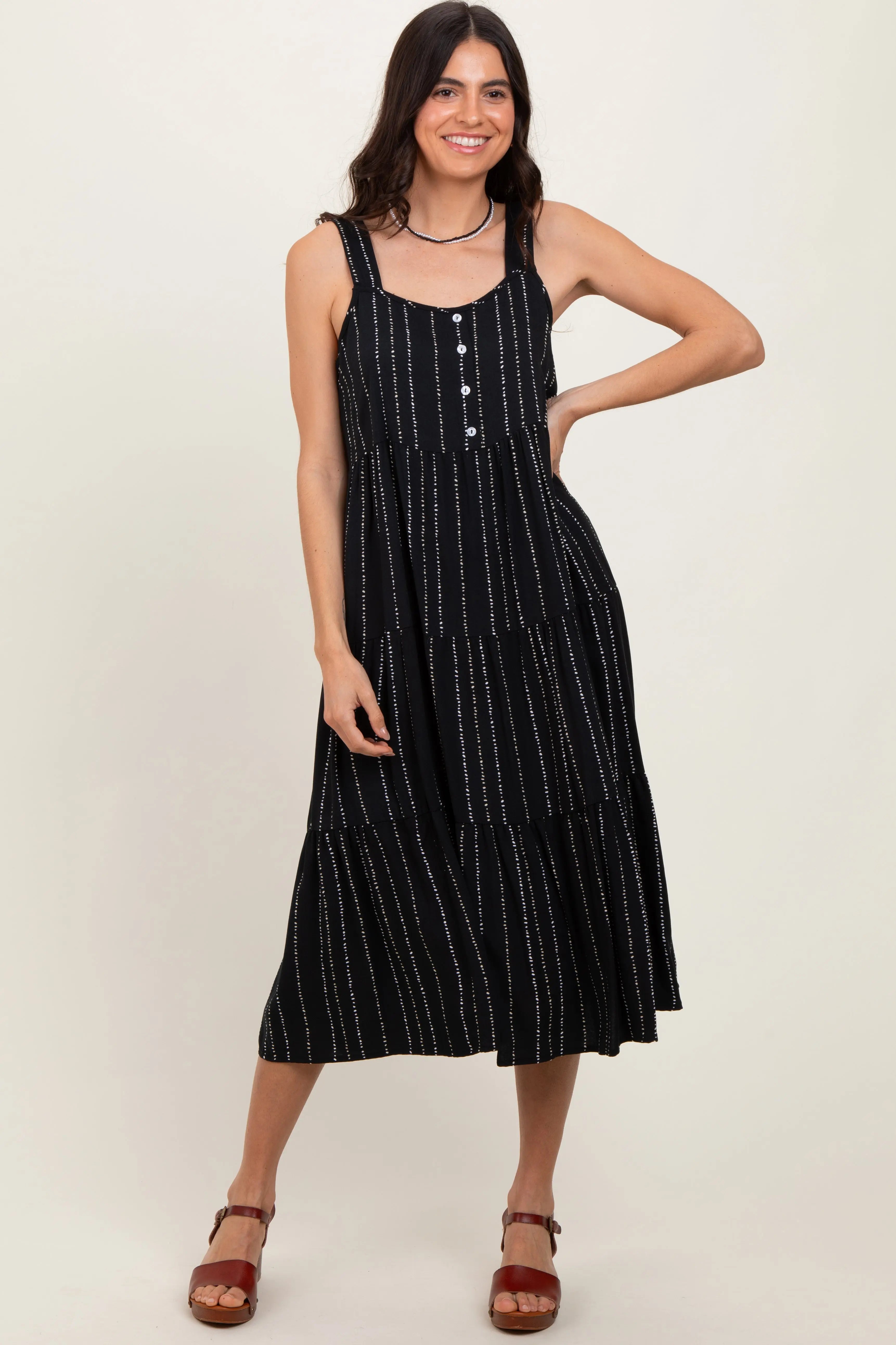Black Dot Stripe Tiered Maternity Midi Dress PinkBlush