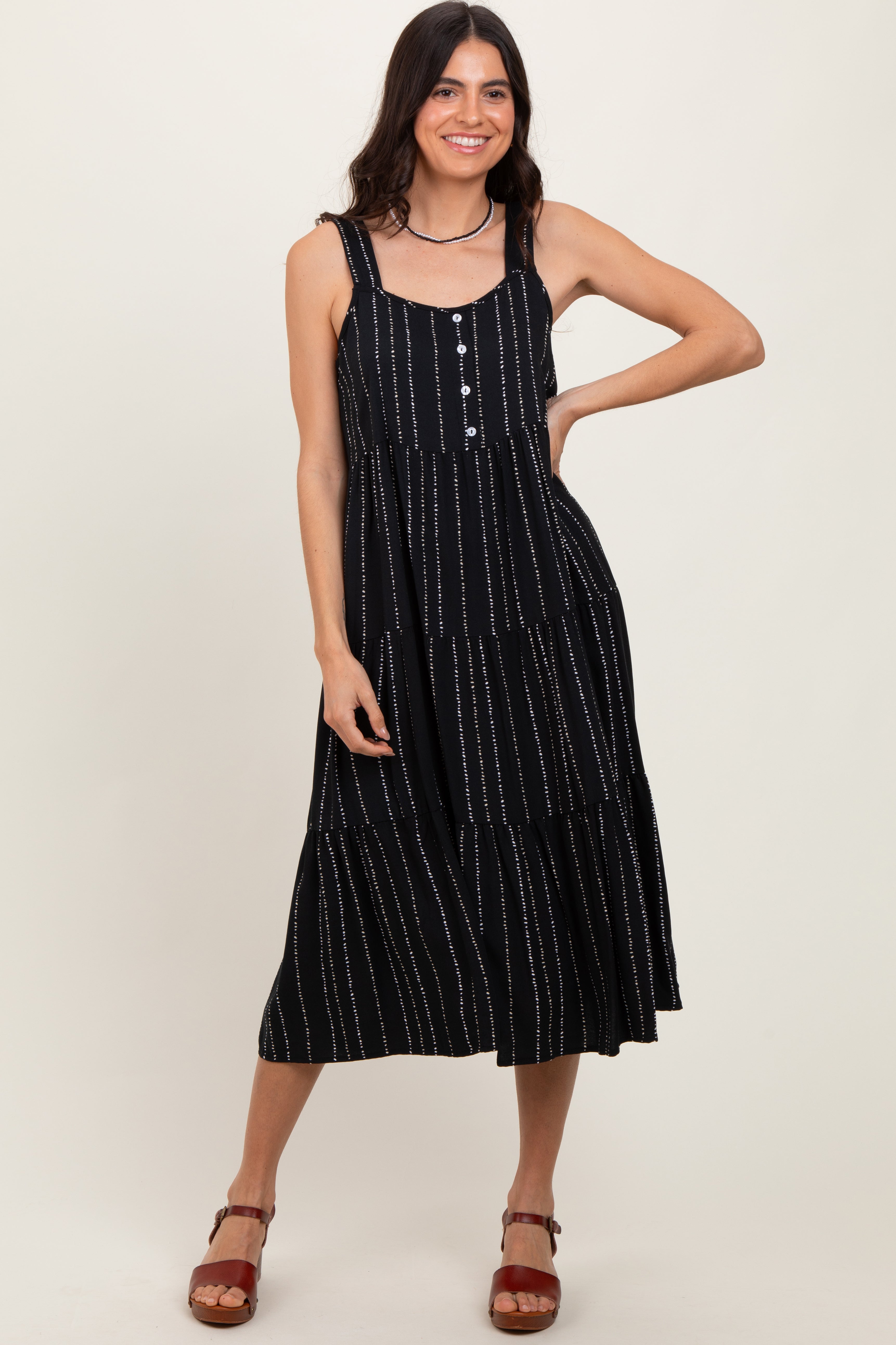 Black Dot Stripe Tiered Midi Dress PinkBlush
