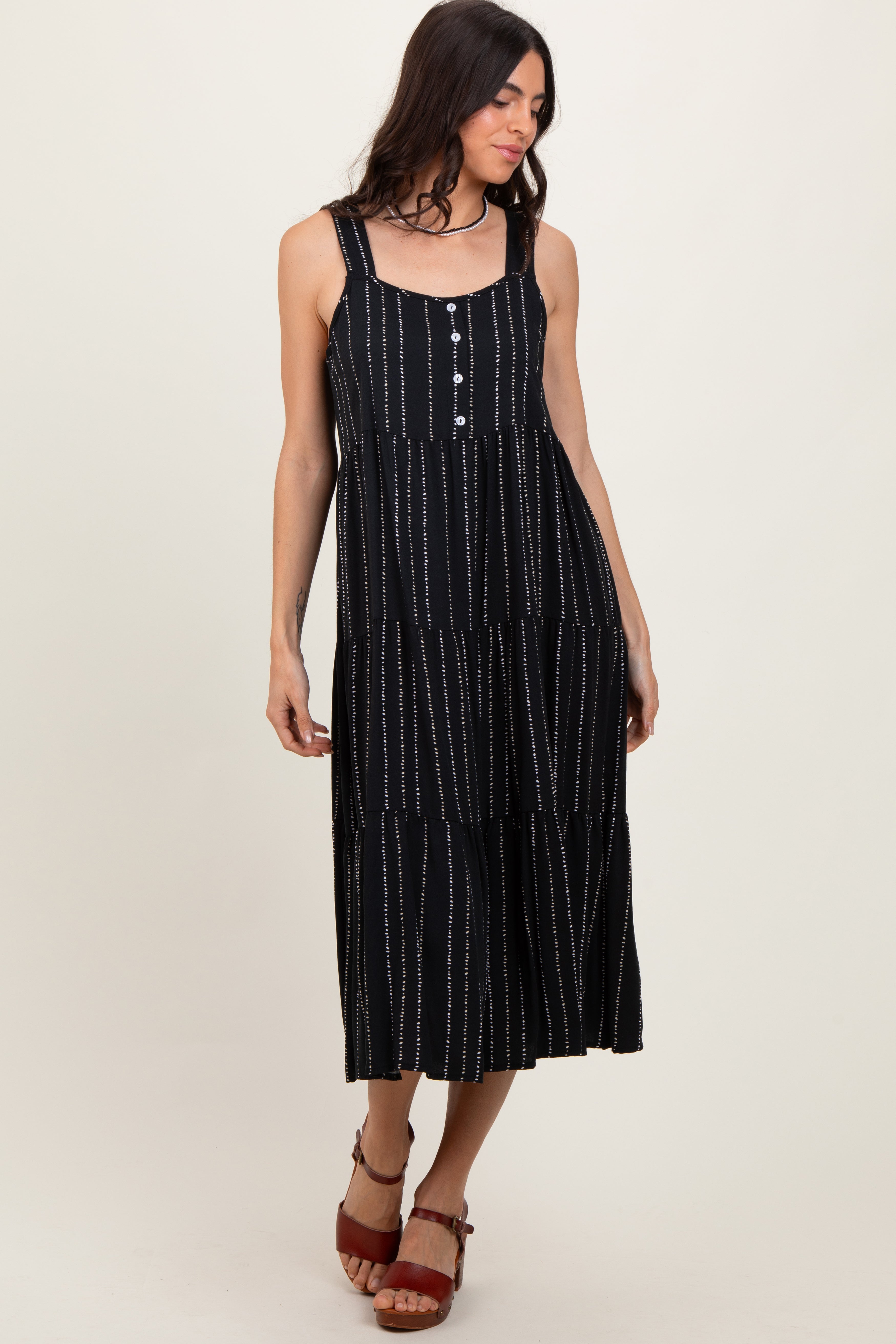 Black Dot Stripe Tiered Midi Dress PinkBlush