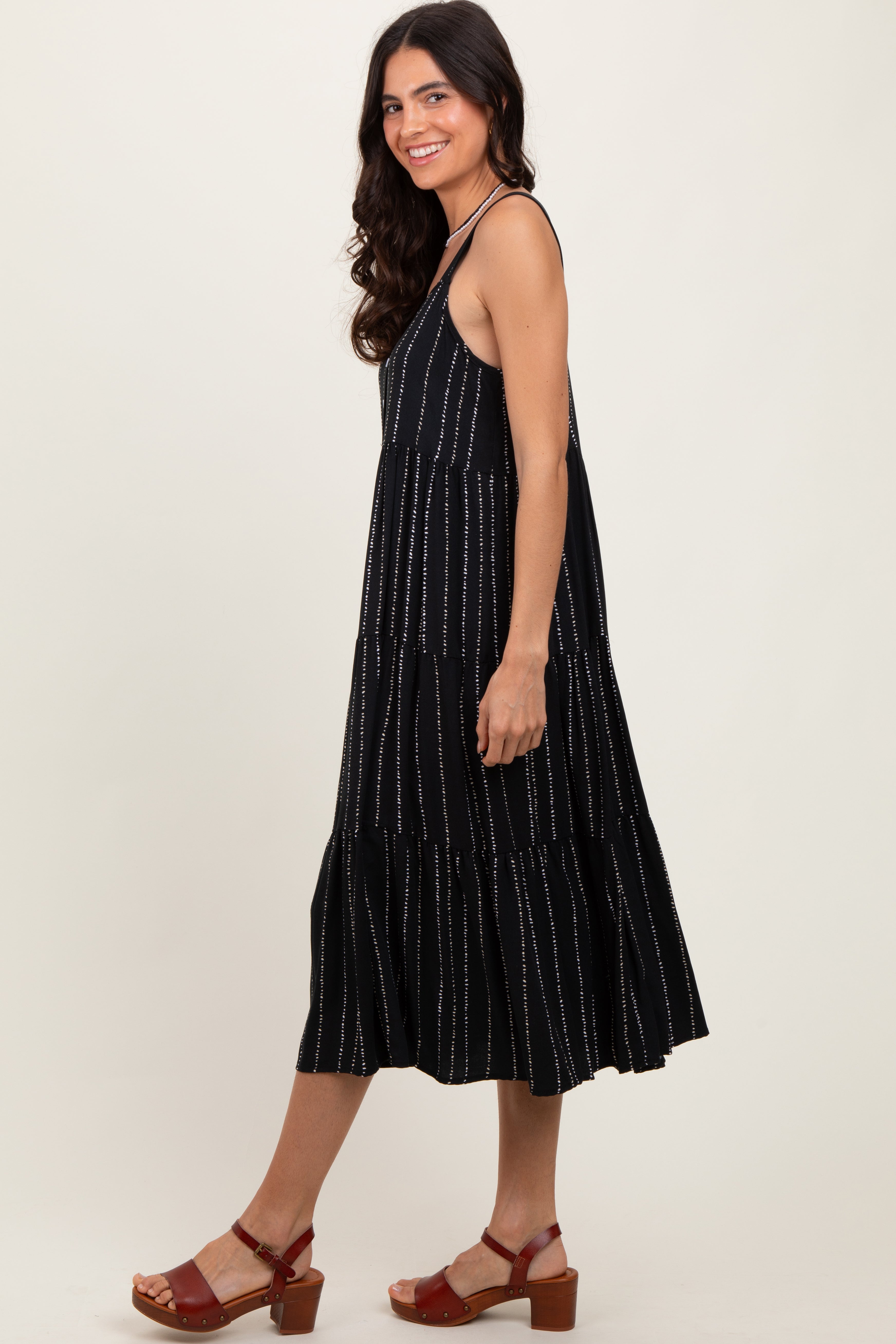 Black Dot Stripe Tiered Midi Dress PinkBlush