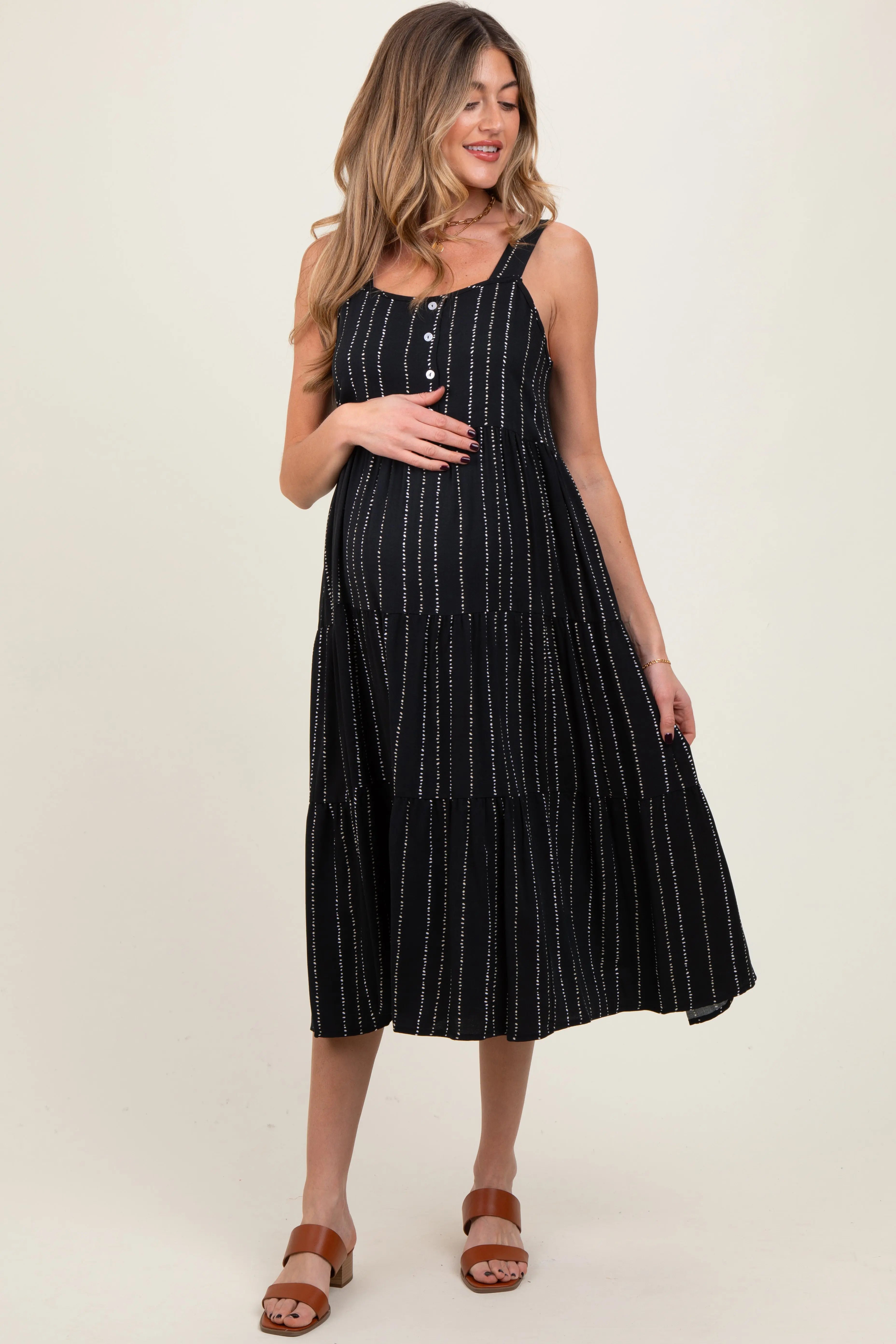 Black Dot Stripe Tiered Maternity Midi Dress PinkBlush