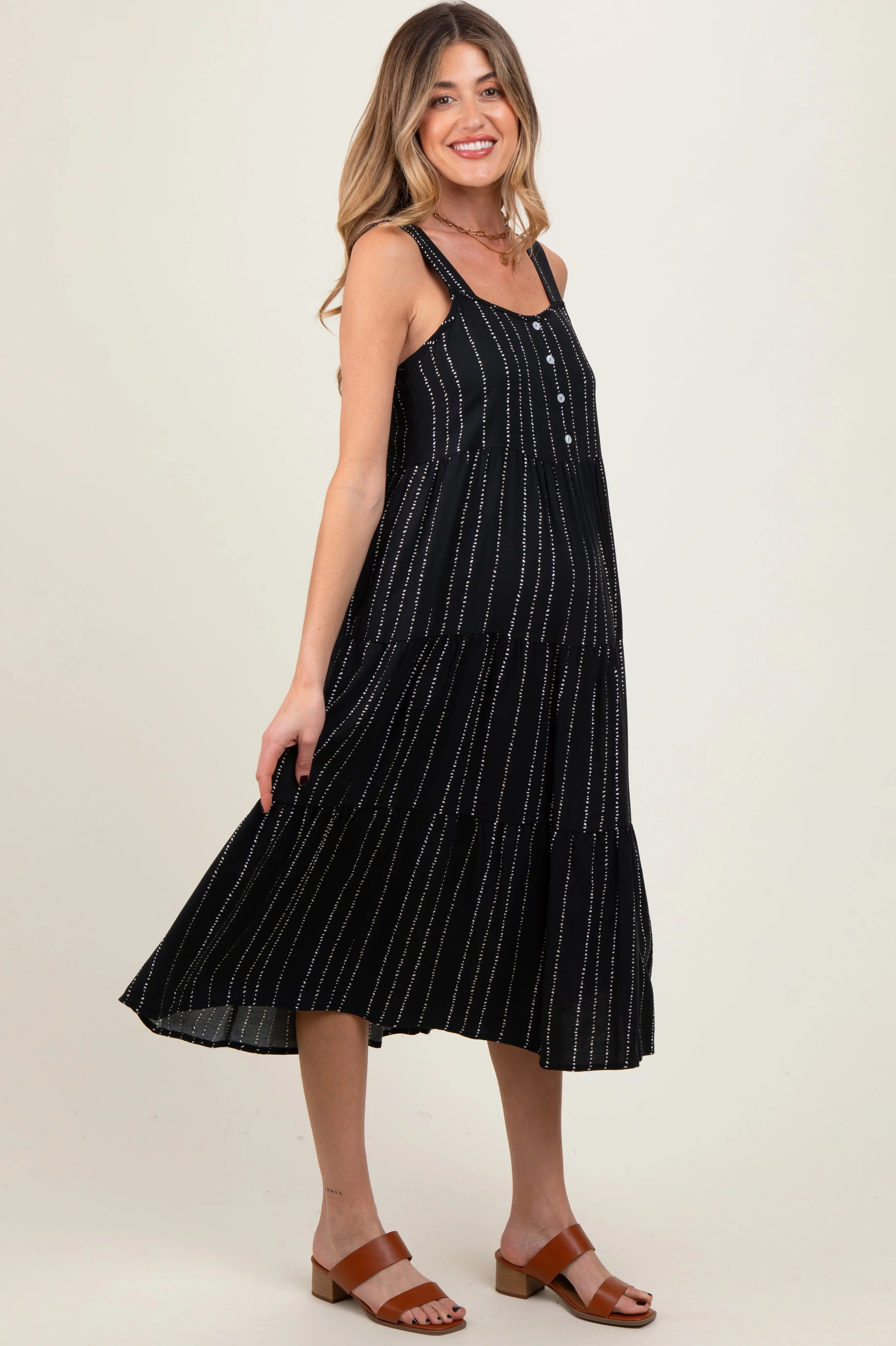 Black Dot Stripe Tiered Maternity Midi Dress PinkBlush