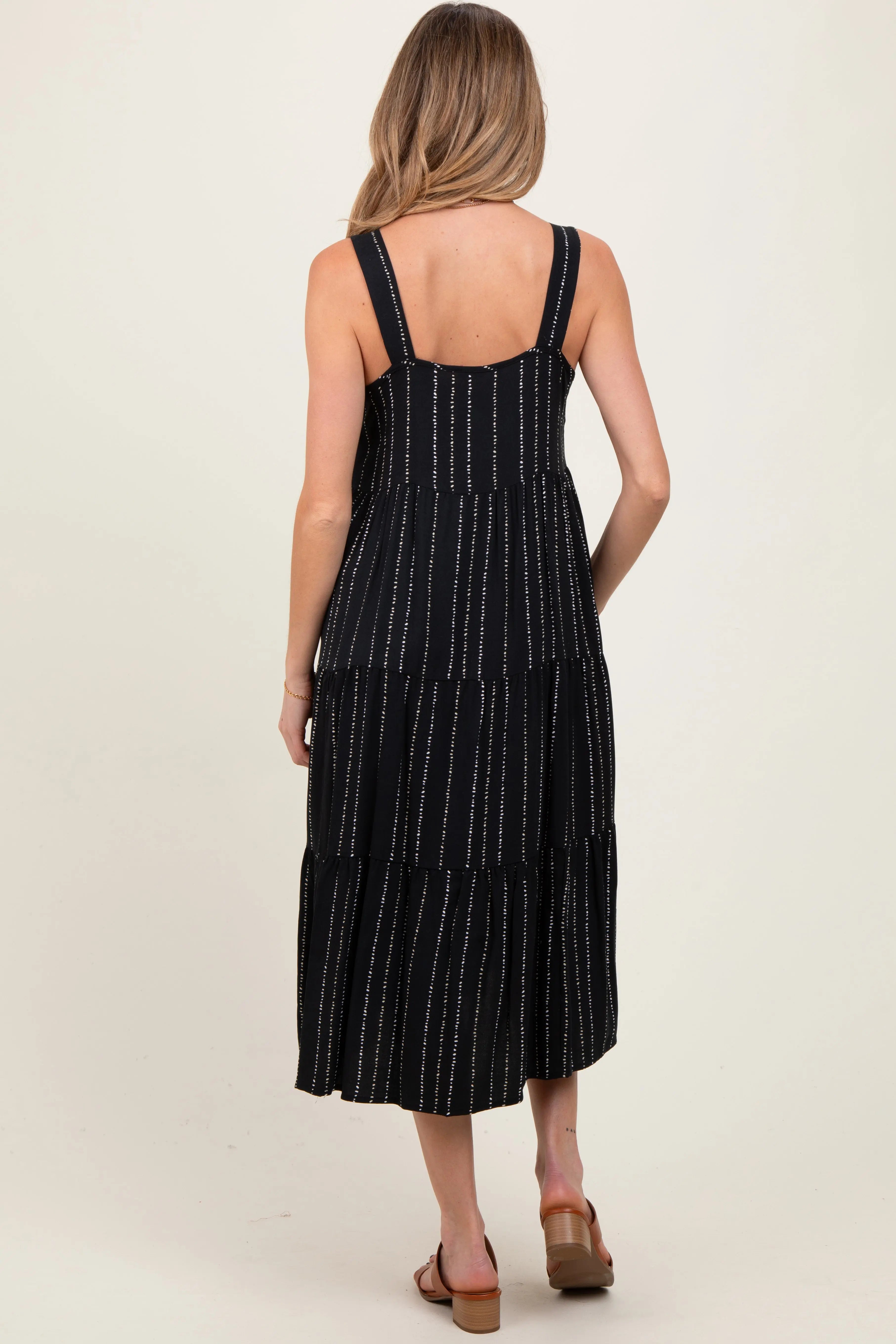 Black Dot Stripe Tiered Maternity Midi Dress PinkBlush
