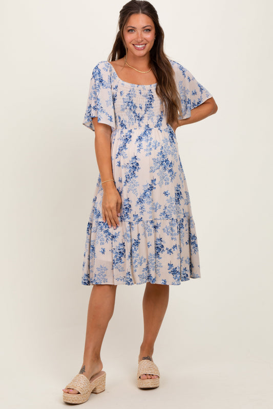 Cream Floral Smocked Maternity Midi Dress PinkBlush
