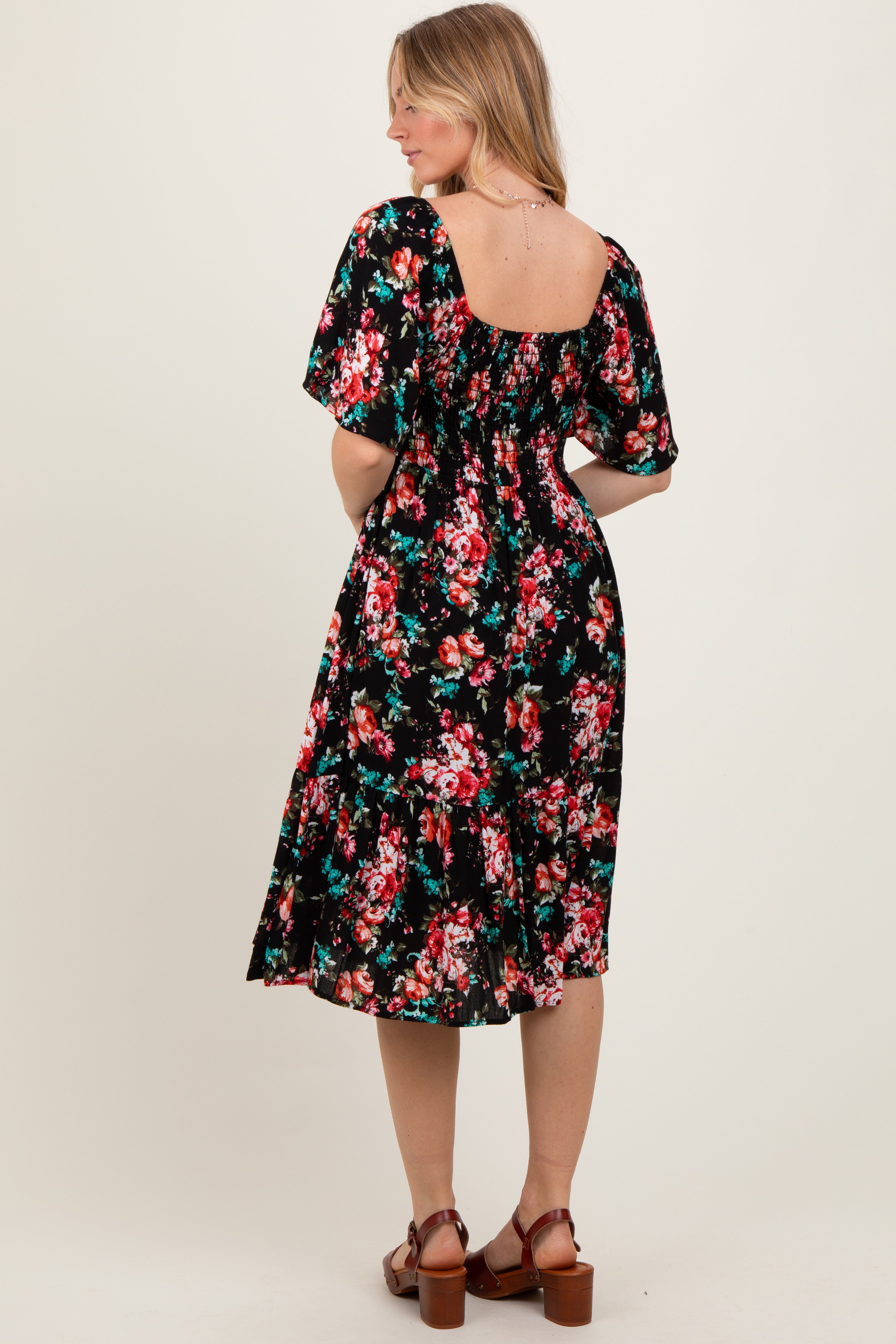 PinkBlush Black Floral Smocked Midi Dress - Detail View