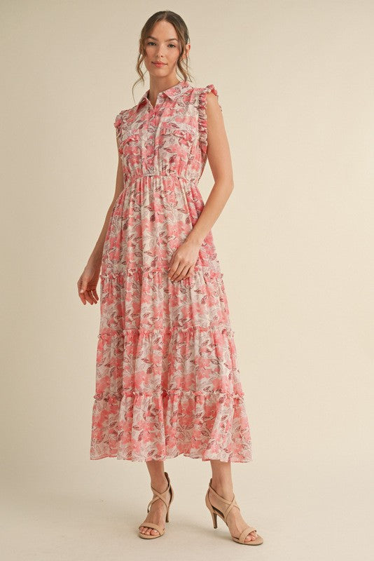 PinkBlush pink floral print chiffon tiered maxi dress front view