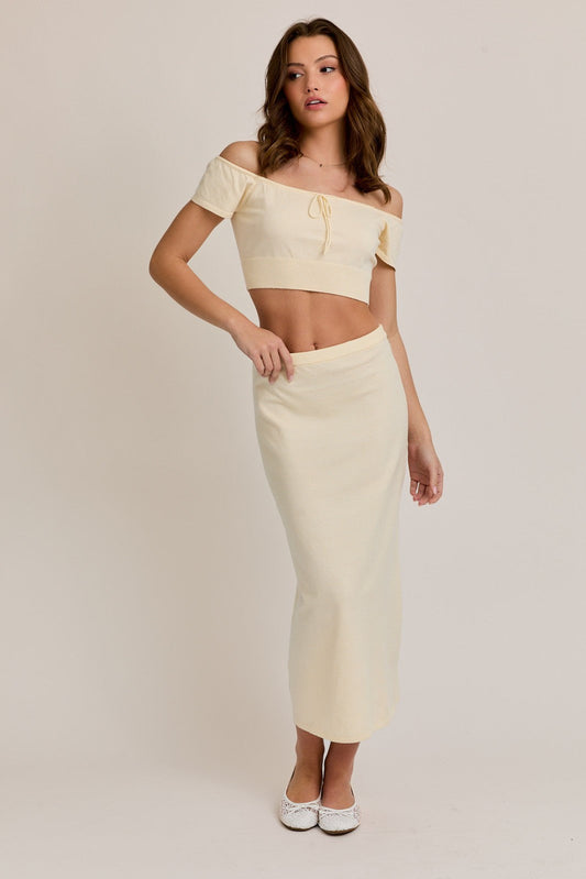 PinkBlush Cream Knit Off Shoulder Crop Top Maxi Skirt Set - Main Product Image