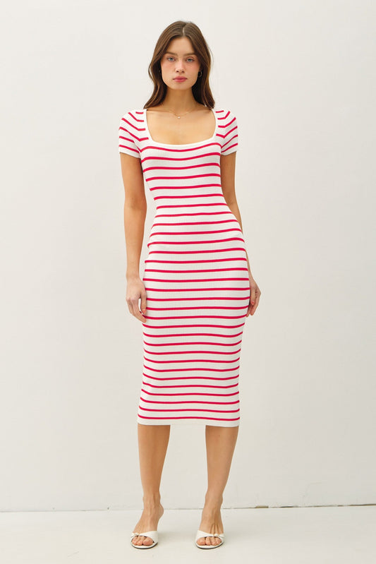 PinkBlush Red Striped Square Neck Short Sleeve Midi Dress - Main Product Image