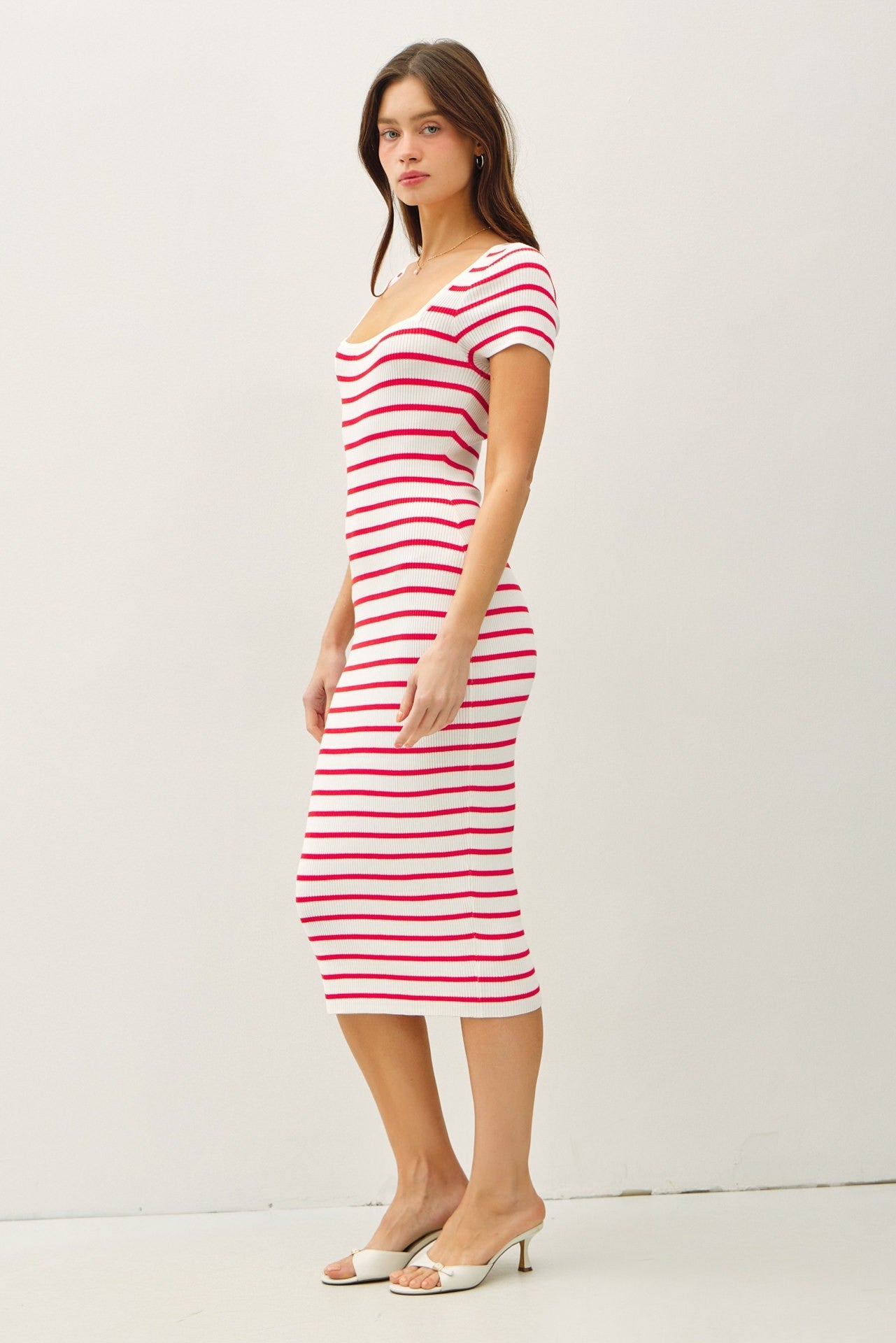 PinkBlush Red Striped Square Neck Short Sleeve Midi Dress - Alternate Angle