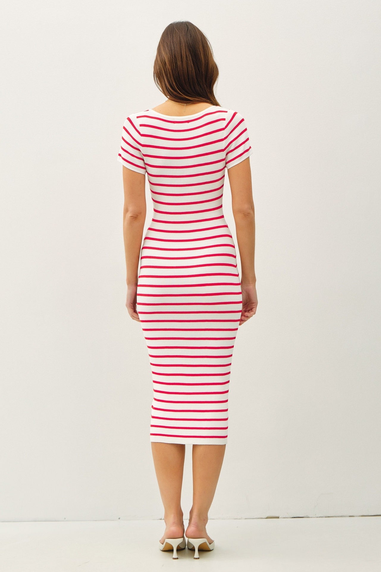 PinkBlush Red Striped Square Neck Short Sleeve Midi Dress - Detail View