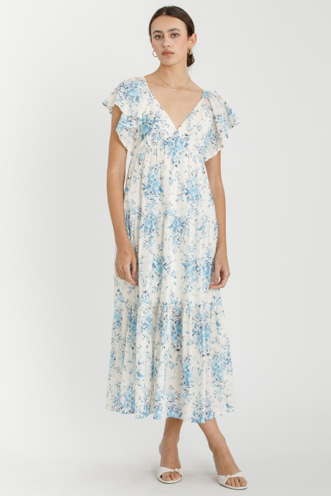 Light Blue Floral Flutter Sleeve Tiered Maxi Dress PinkBlush
