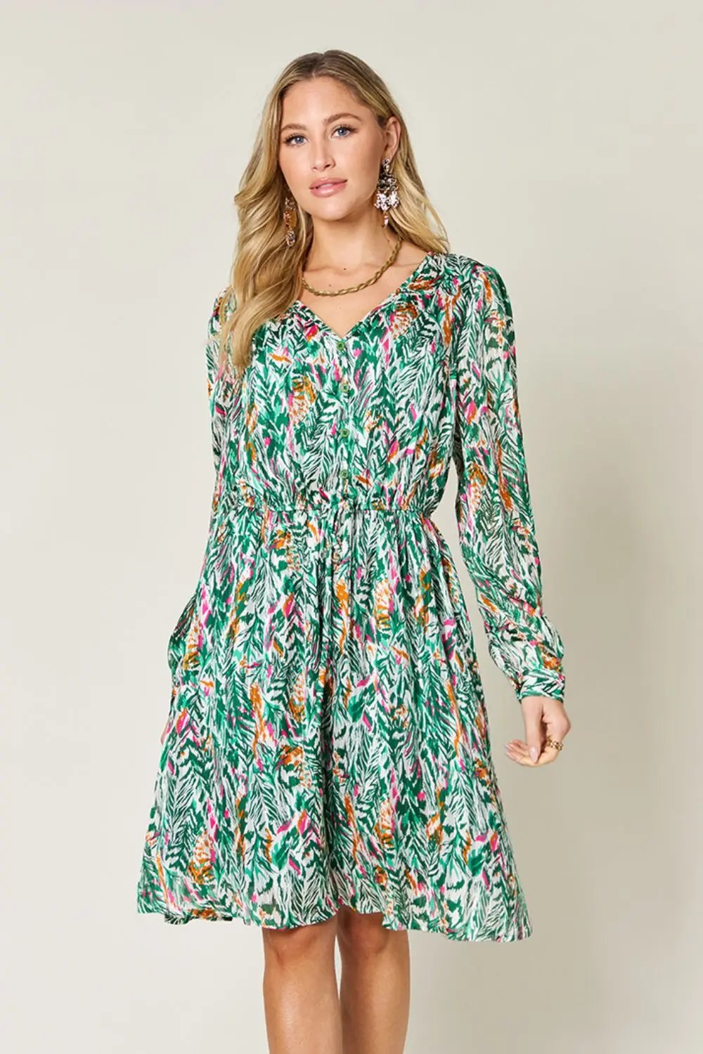 Double Take Full Size Printed Drawstring Waist Long Sleeve Dress - Love Salve
