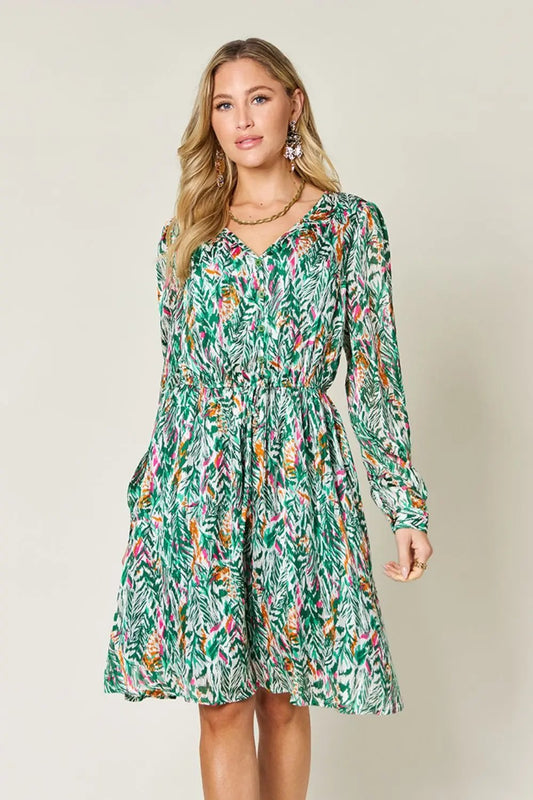Double Take Full Size Printed Drawstring Waist Long Sleeve Dress - Love Salve