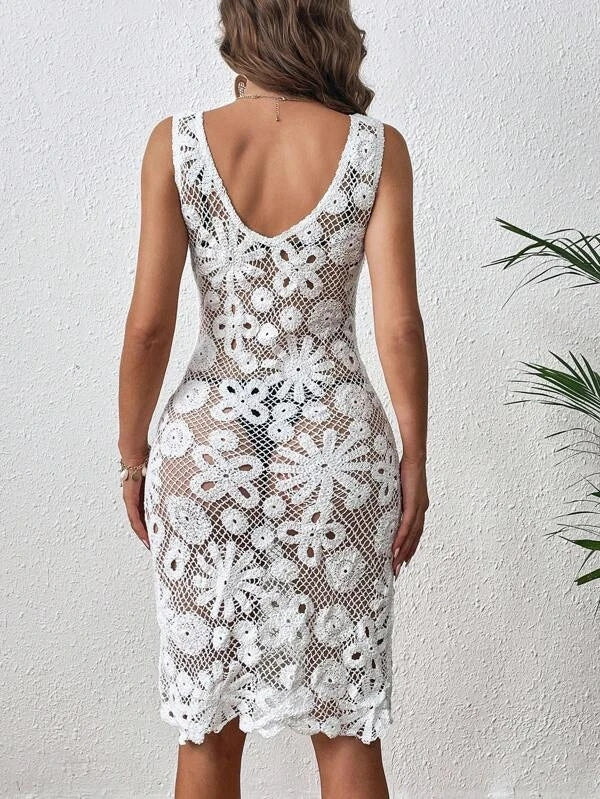 Women Summer New Super Slim Deep V-neck Cutout Crochet Sexy Dress Crochet hook Bella Mia